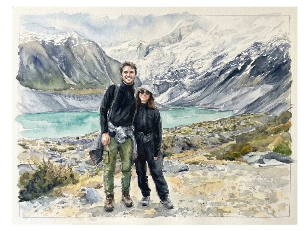 María and Victor in front of a glacial lake and snowy mountains, watercolour