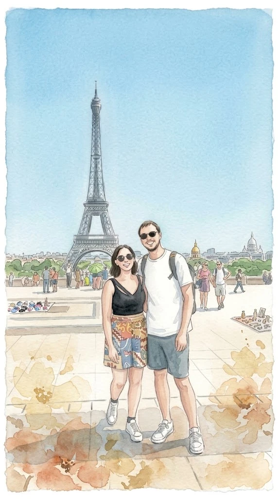 María and Victor in front of the Eiffel Tower