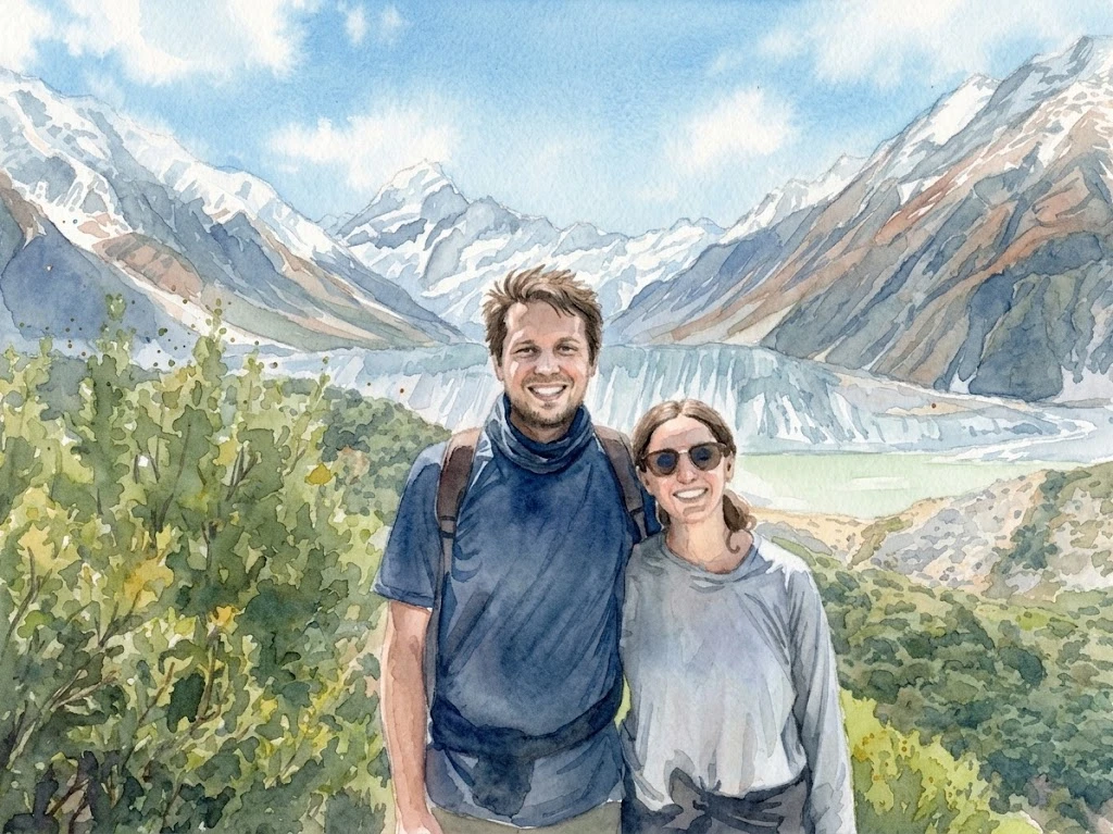 María and Victor in front of snowy mountains