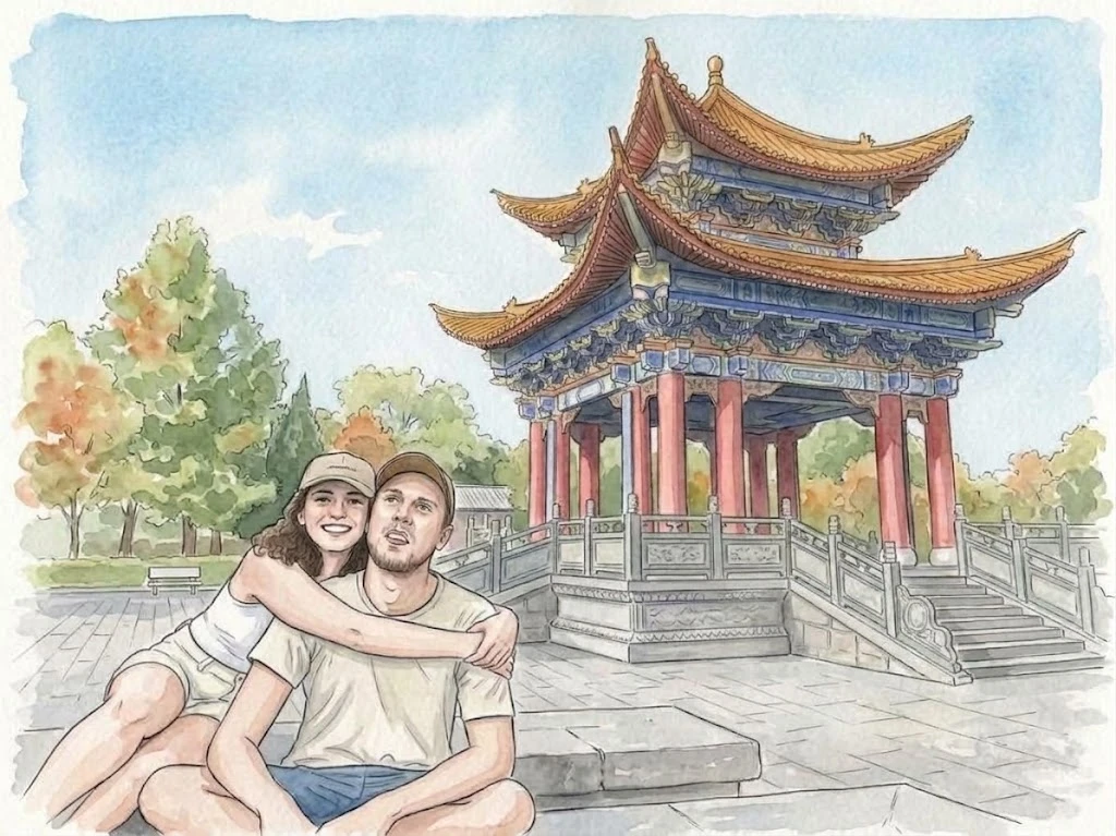 María and Victor in front of a Chinese pavilion