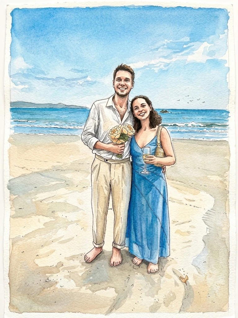 María and Victor on a beach, holding a bouquet
