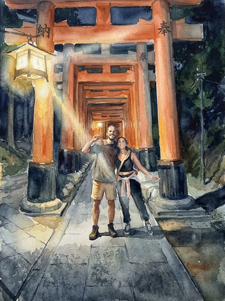 María and Victor under red torii gates at night